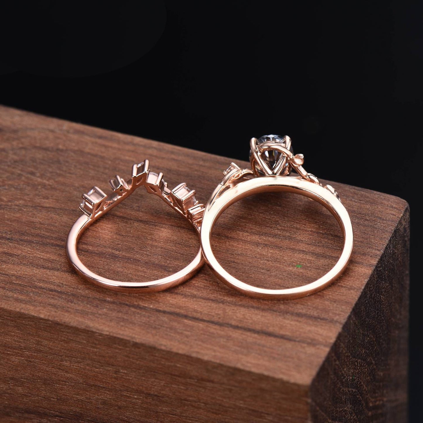 Nature-Inspired Oval Grey Moissanite Bridal Set | Rose Gold Vine Engagement Ring with Curved Marquise Band