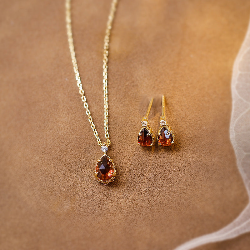 Minimalist Teardrop Garnet Pendant Necklace Earrings, January Birthstone Wedding Set