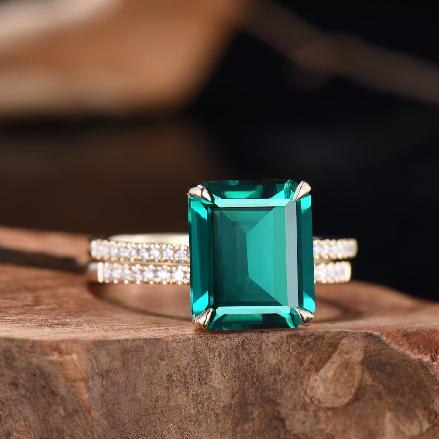 Big Emerald Cut Emerald Engagement Ring Diamond Half Eternity Ring Diamond Stacking Wedding Band Rose Gold Ring Bridal Set Anniversary Gifts