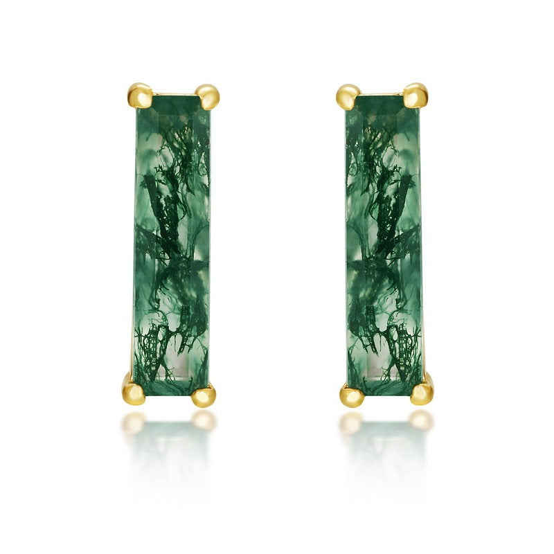 Minimalist Long Baguette Moss Agate Stud Earrings