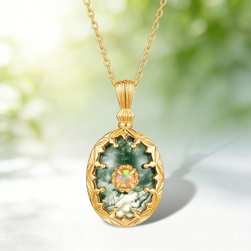 The Sovereign Moss Agate & Opal Medallion | 12x16mm Statement Necklace
