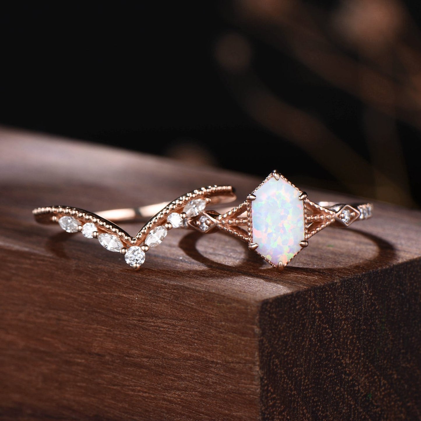 Elongated Hexagon Opal Ring Set | Milgrain Vintage Engagement Ring with Chevron Curved Matching Band