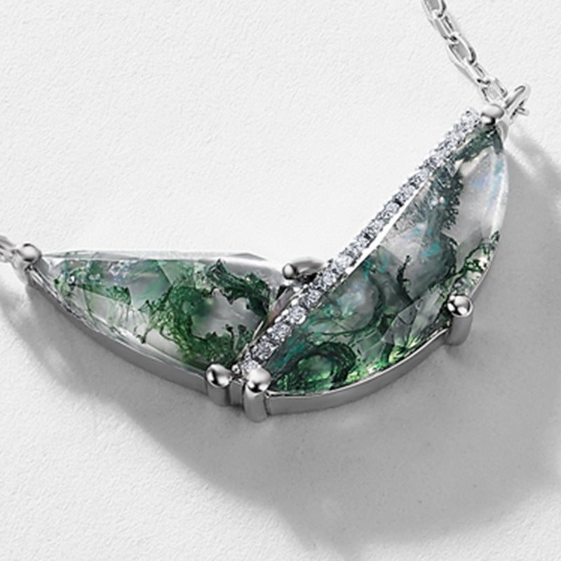 Abstract Geometric Moss Agate Necklace, Unique TwoStone Forest Gemstone Bar Pendant
