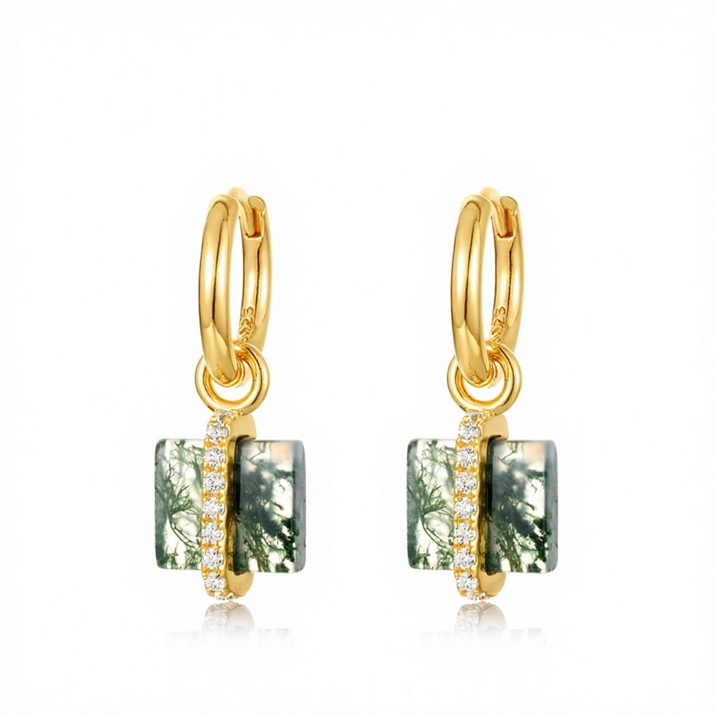 Square Moss Agate Drop Halo Huggie Earrings