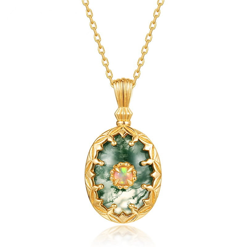 The Sovereign Moss Agate & Opal Medallion | 12x16mm Statement Necklace