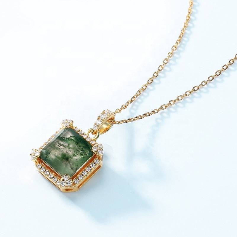Retro 9mm Princess Cut Moss Agate Halo Neckalce Pendant