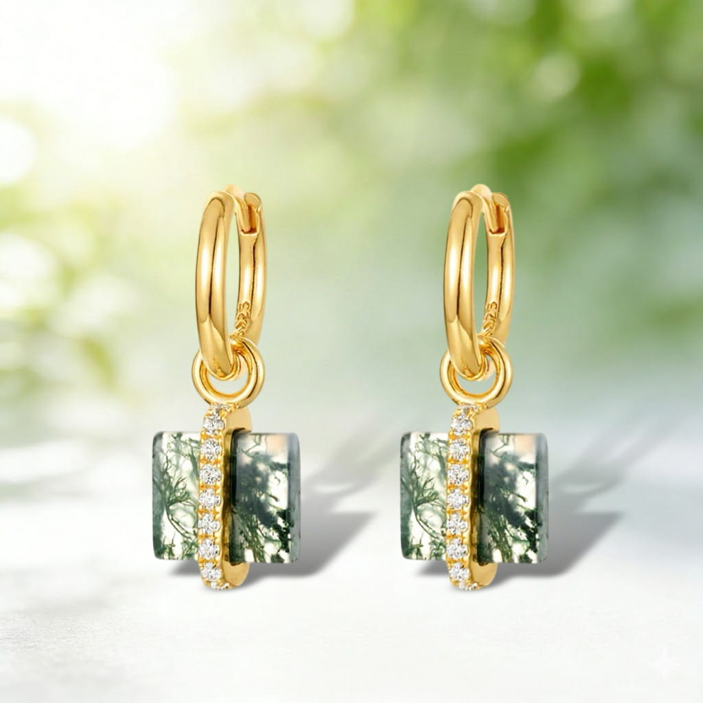 Square Moss Agate Drop Halo Huggie Earrings