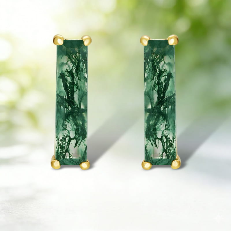 Minimalist Long Baguette Moss Agate Stud Earrings
