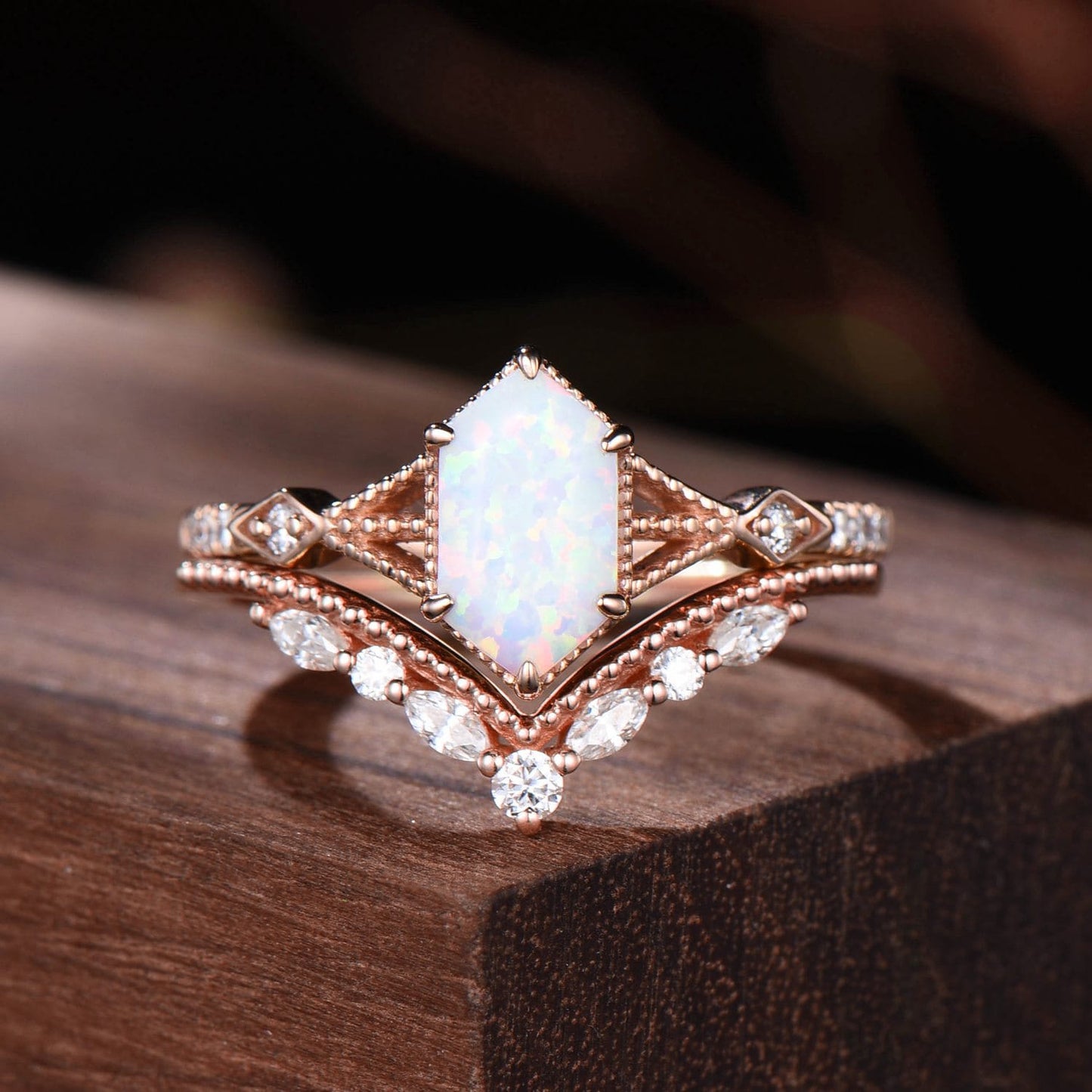 Elongated Hexagon Opal Ring Set | Milgrain Vintage Engagement Ring with Chevron Curved Matching Band