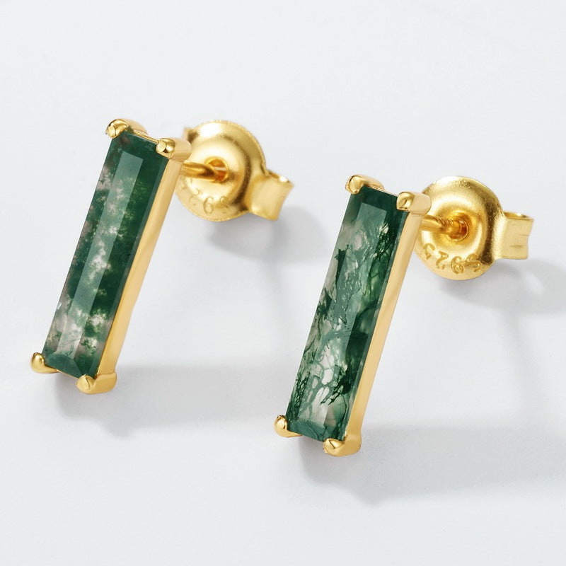 Minimalist Long Baguette Moss Agate Stud Earrings