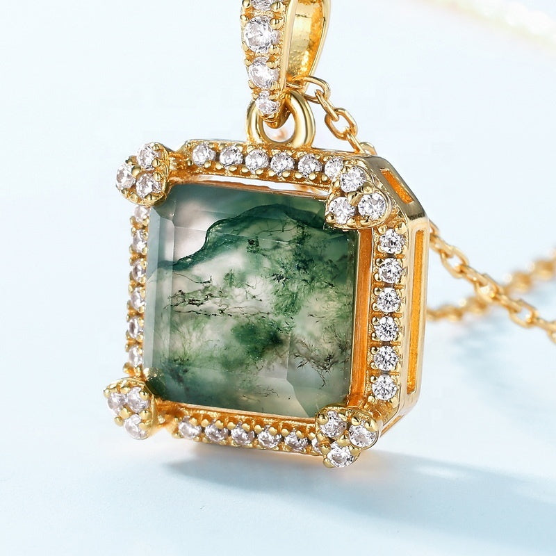 Retro 9mm Princess Cut Moss Agate Halo Neckalce Pendant