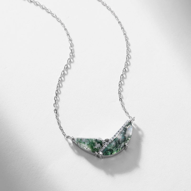Abstract Geometric Moss Agate Necklace, Unique TwoStone Forest Gemstone Bar Pendant