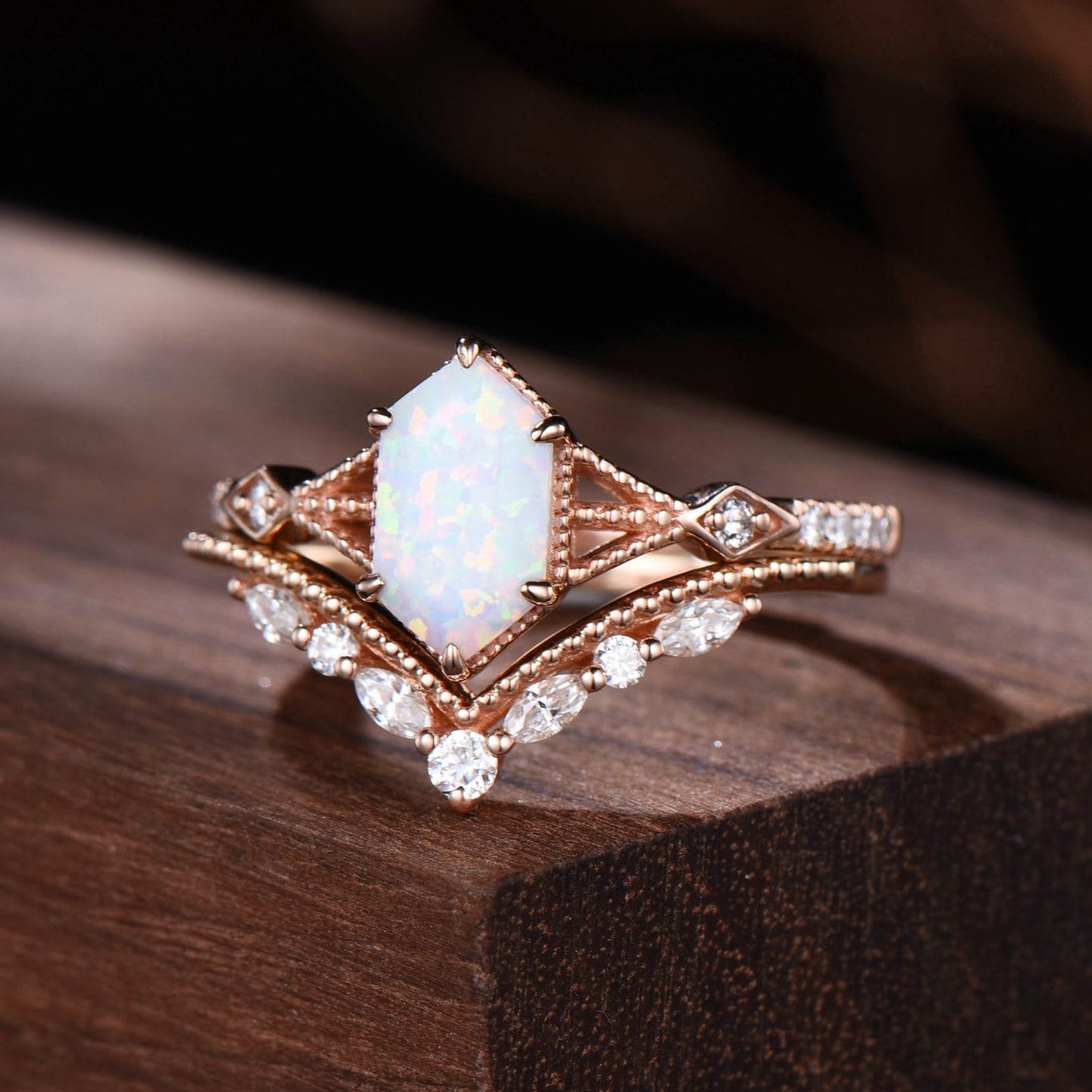 Elongated Hexagon Opal Ring Set | Milgrain Vintage Engagement Ring with Chevron Curved Matching Band
