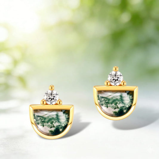 Half Moon Moss Agate Stud Earrings Boho Chic Crescent