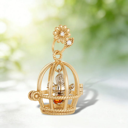 Vintage Style Gold Opening Birdcage Garnet Pendant Necklace, Two-Tone Bird and Floral Bail Charm