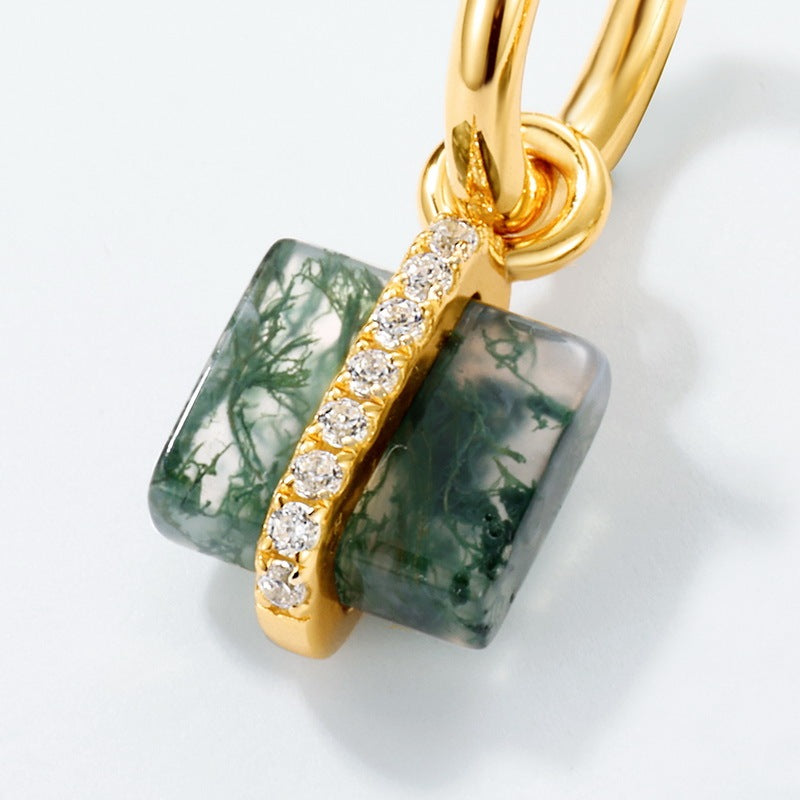Square Moss Agate Drop Halo Huggie Earrings