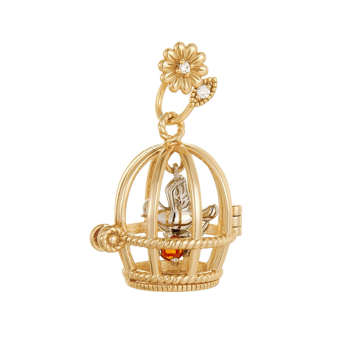 Vintage Style Gold Opening Birdcage Garnet Pendant Necklace, Two-Tone Bird and Floral Bail Charm