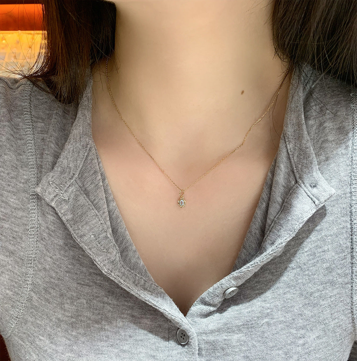 Natural Aquamarine Pendant Necklace, Dainty Leaf Design Oval Gemstone Necklace for Women