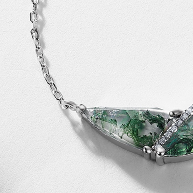Abstract Geometric Moss Agate Necklace, Unique TwoStone Forest Gemstone Bar Pendant