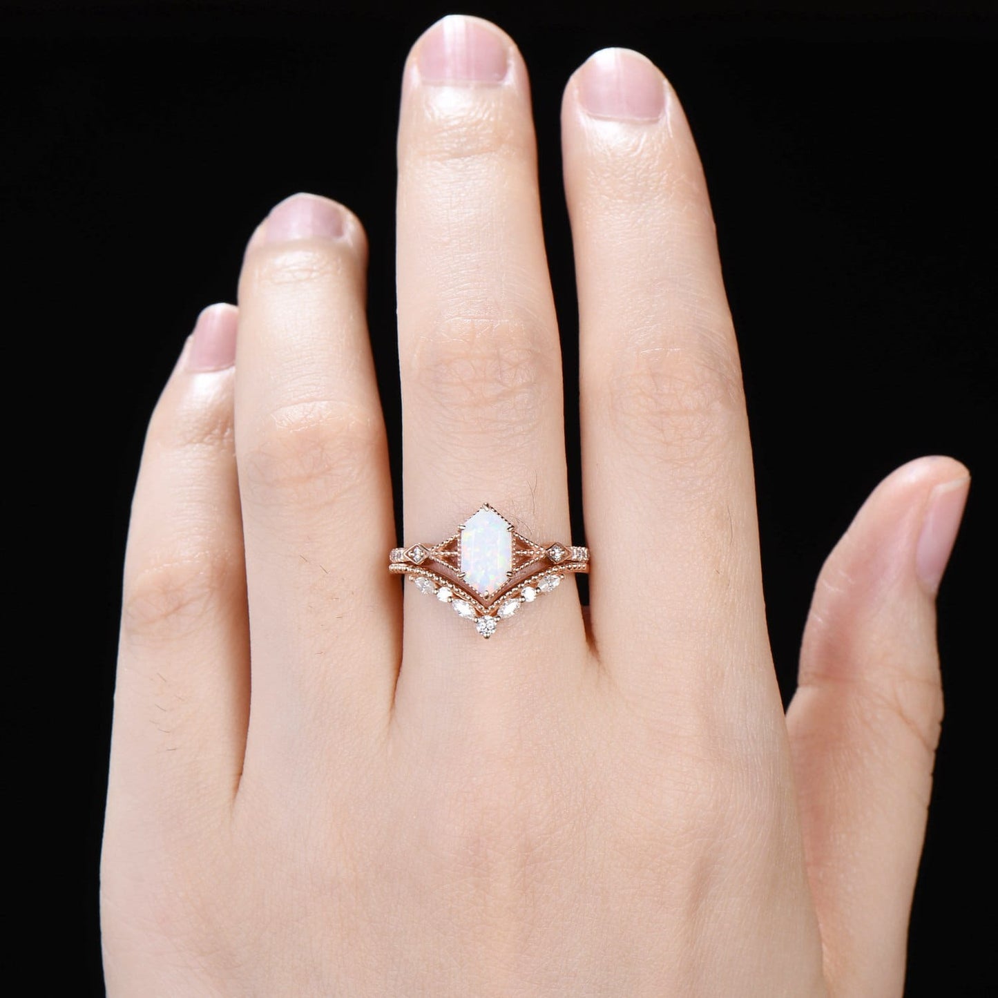 Elongated Hexagon Opal Ring Set | Milgrain Vintage Engagement Ring with Chevron Curved Matching Band