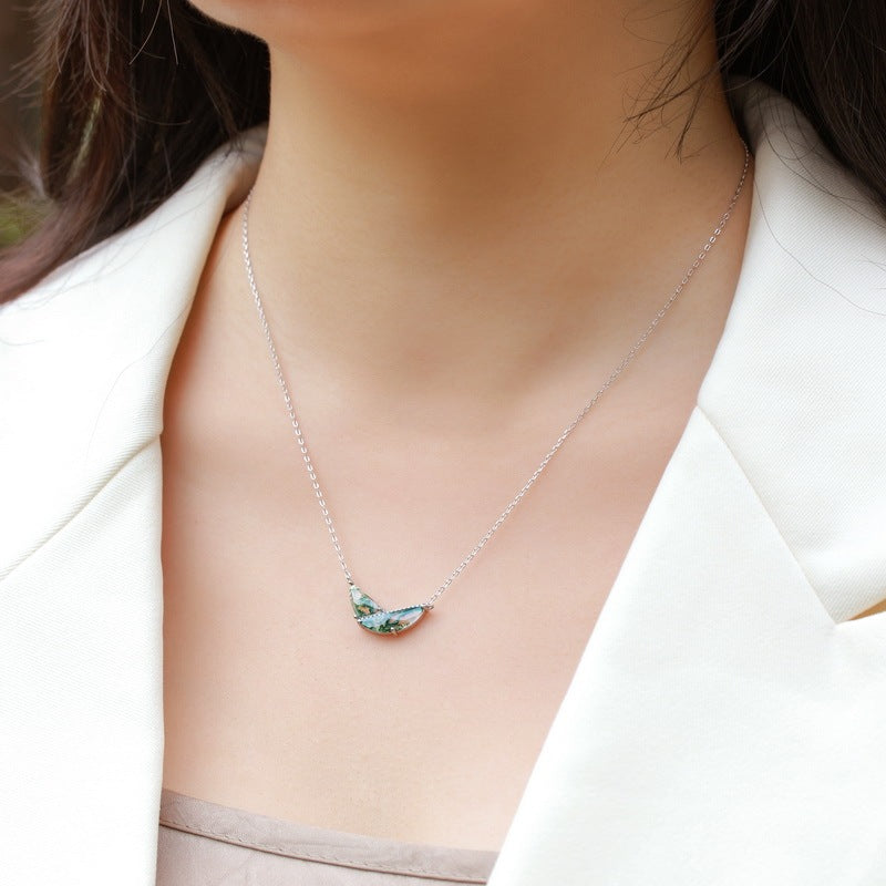 Abstract Geometric Moss Agate Necklace, Unique TwoStone Forest Gemstone Bar Pendant