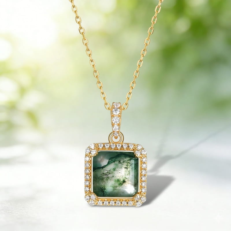 Retro 9mm Princess Cut Moss Agate Halo Neckalce Pendant