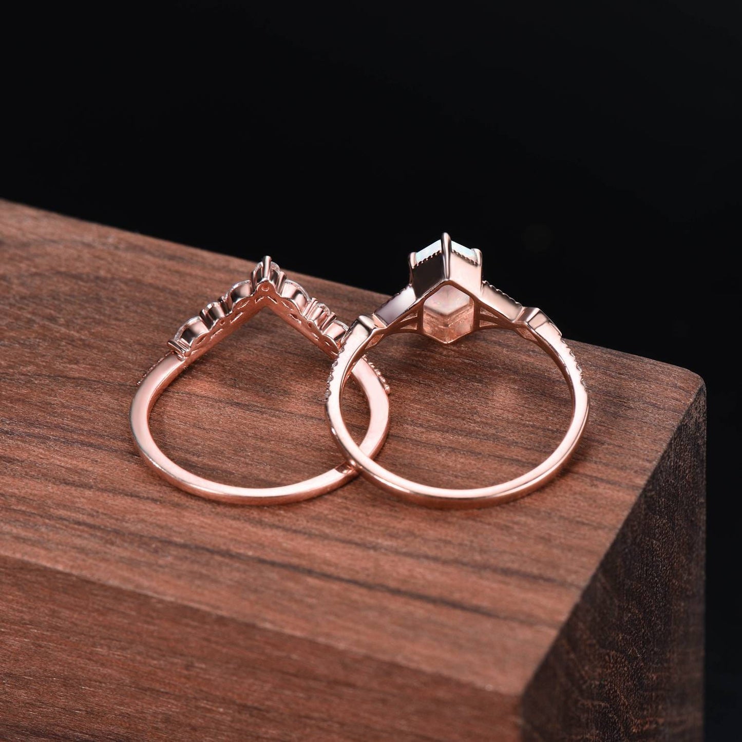 Elongated Hexagon Opal Ring Set | Milgrain Vintage Engagement Ring with Chevron Curved Matching Band