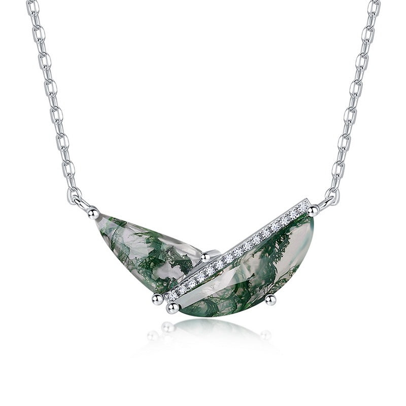 Abstract Geometric Moss Agate Necklace, Unique TwoStone Forest Gemstone Bar Pendant