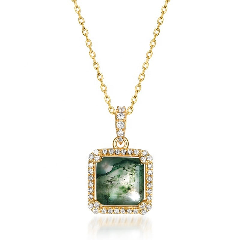Retro 9mm Princess Cut Moss Agate Halo Neckalce Pendant