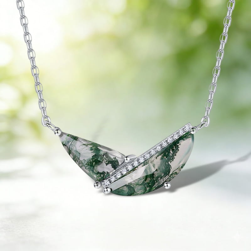 Abstract Geometric Moss Agate Necklace, Unique TwoStone Forest Gemstone Bar Pendant