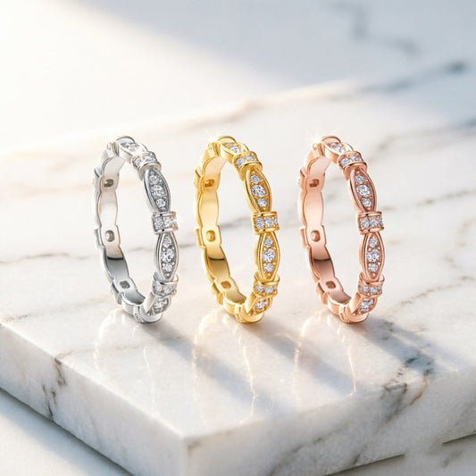 Serpenti-Style Full Eternity Moissanite Pavé Stacking Ring Trio