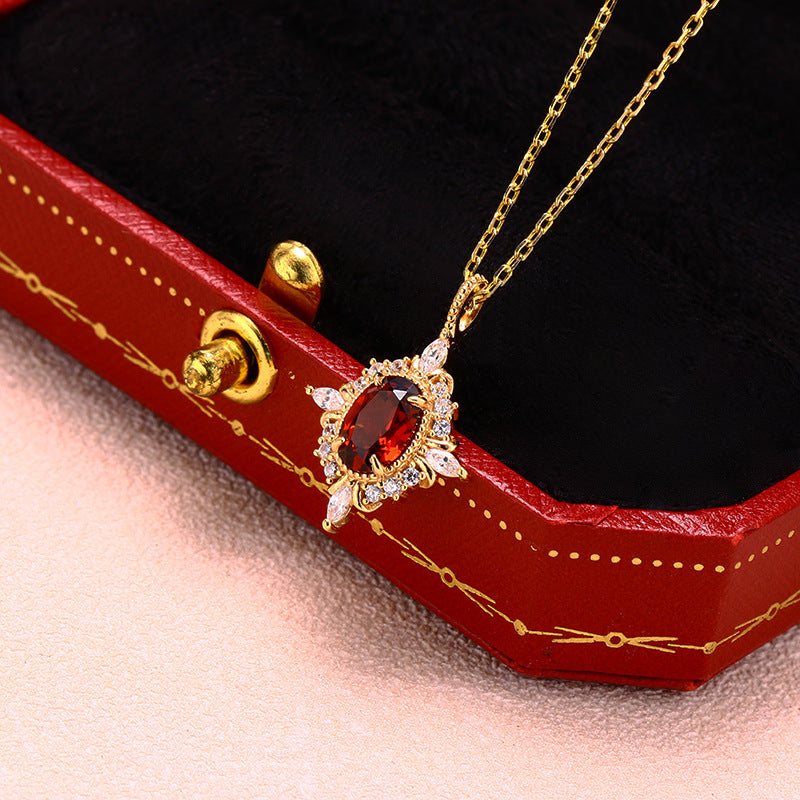 Vintage Ova Cut Garnet Halo Jewelry Set - Earrings & Pendant