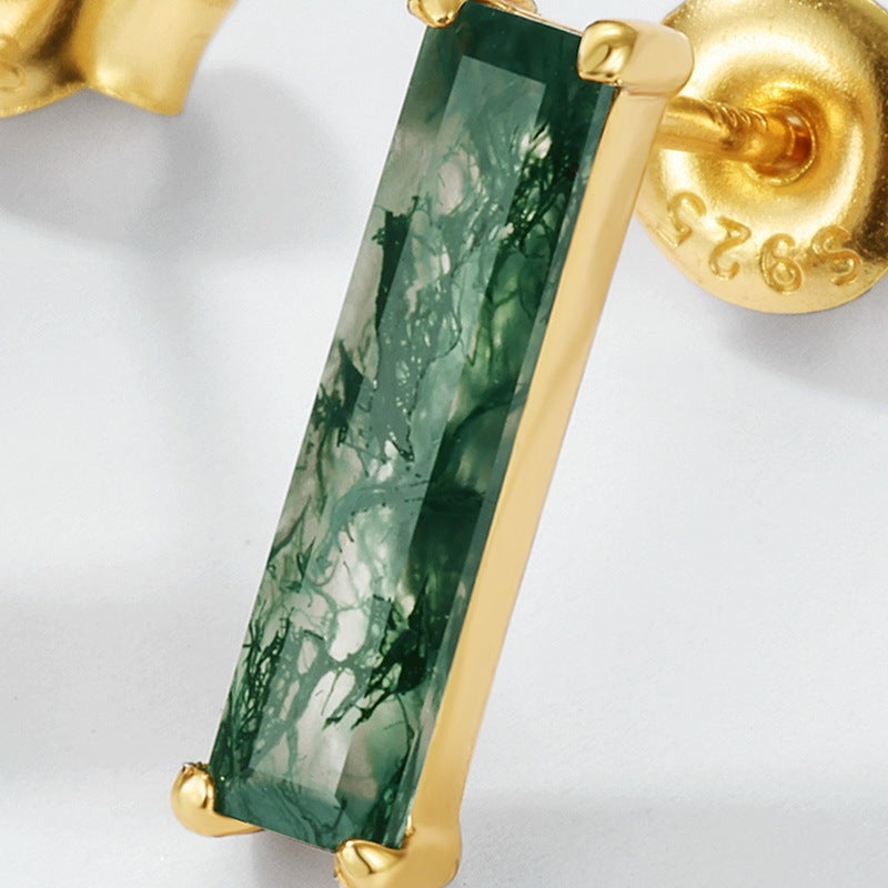 Minimalist Long Baguette Moss Agate Stud Earrings