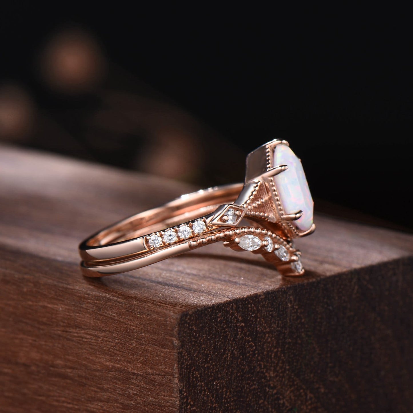 Elongated Hexagon Opal Ring Set | Milgrain Vintage Engagement Ring with Chevron Curved Matching Band
