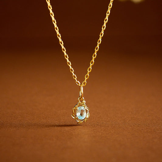 Natural Aquamarine Pendant Necklace, Dainty Leaf Design Oval Gemstone Necklace for Women