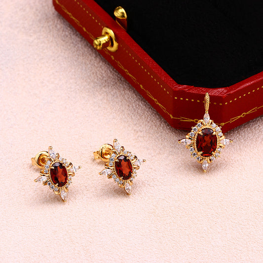 Vintage Ova Cut Garnet Halo Jewelry Set - Earrings & Pendant
