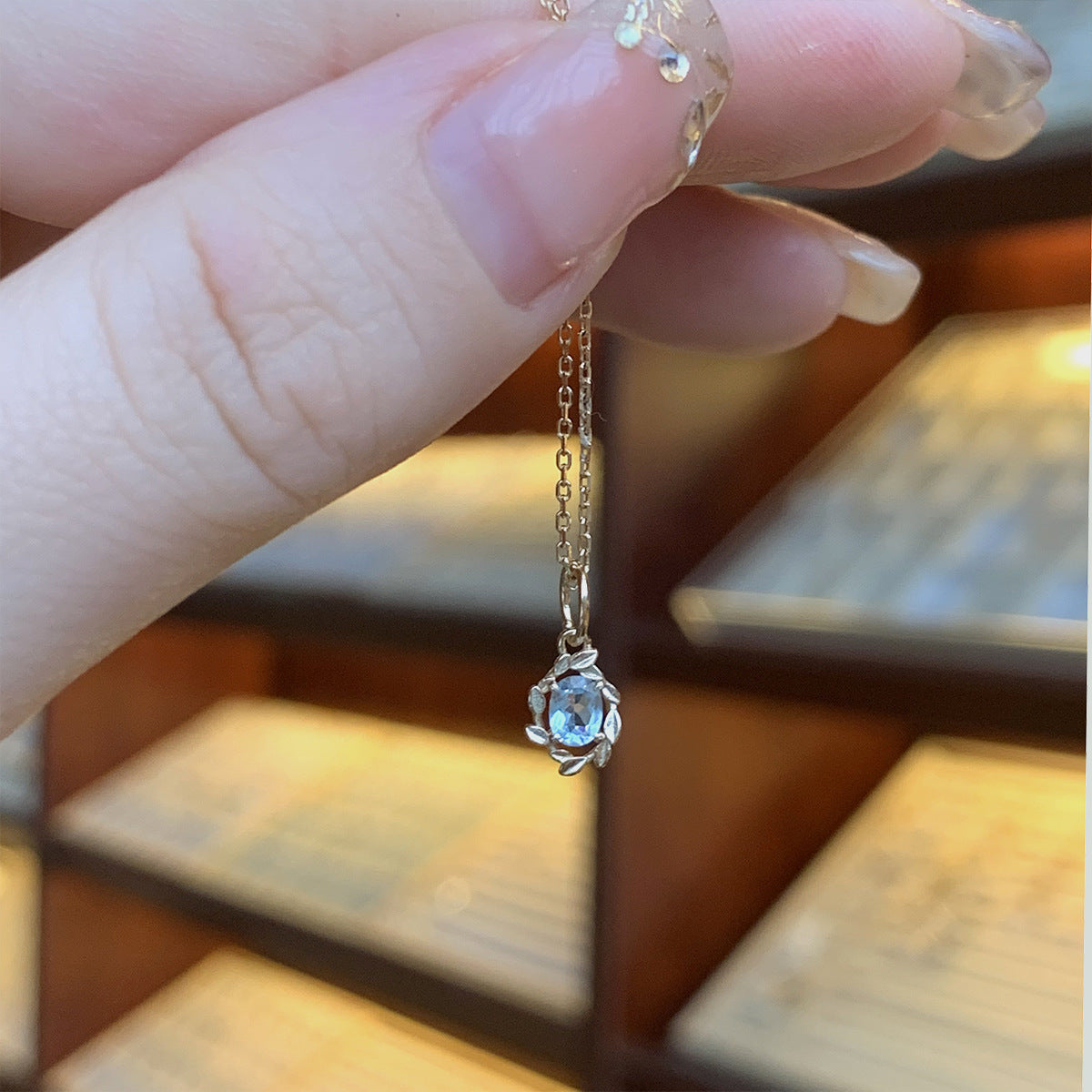 Natural Aquamarine Pendant Necklace, Dainty Leaf Design Oval Gemstone Necklace for Women