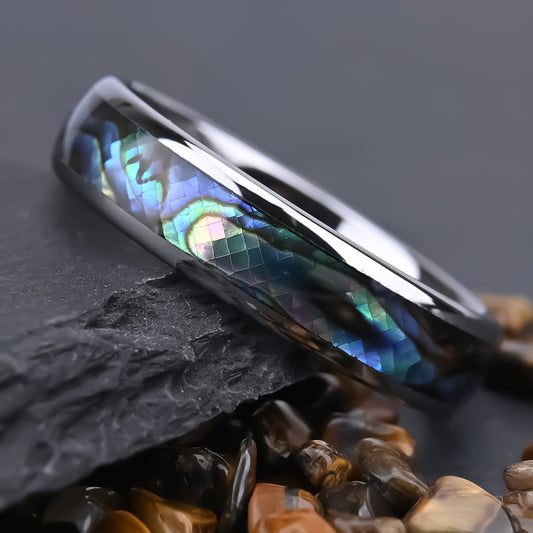 Beach Style Tungsten Couple Ring Set,White Shell Inlay, Mirror Finish Dome Bands, His and Hers Engagement Gift
