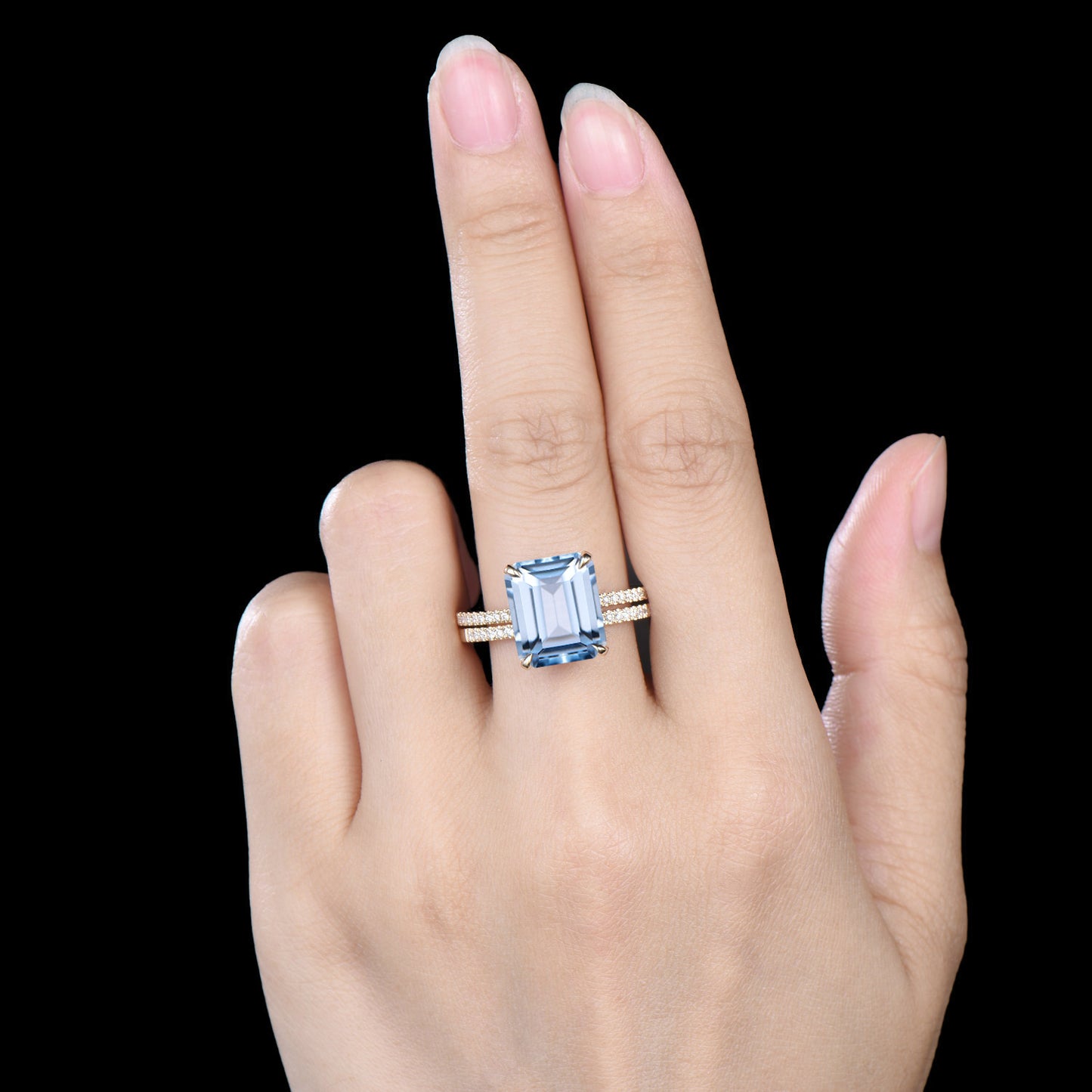 Half Eternity Ring Bridal Set 6CT Emerald Cut Natural Aquamarine Engagement Ring Diamond Stacking Wedding Band Anniversary Gifts For Women