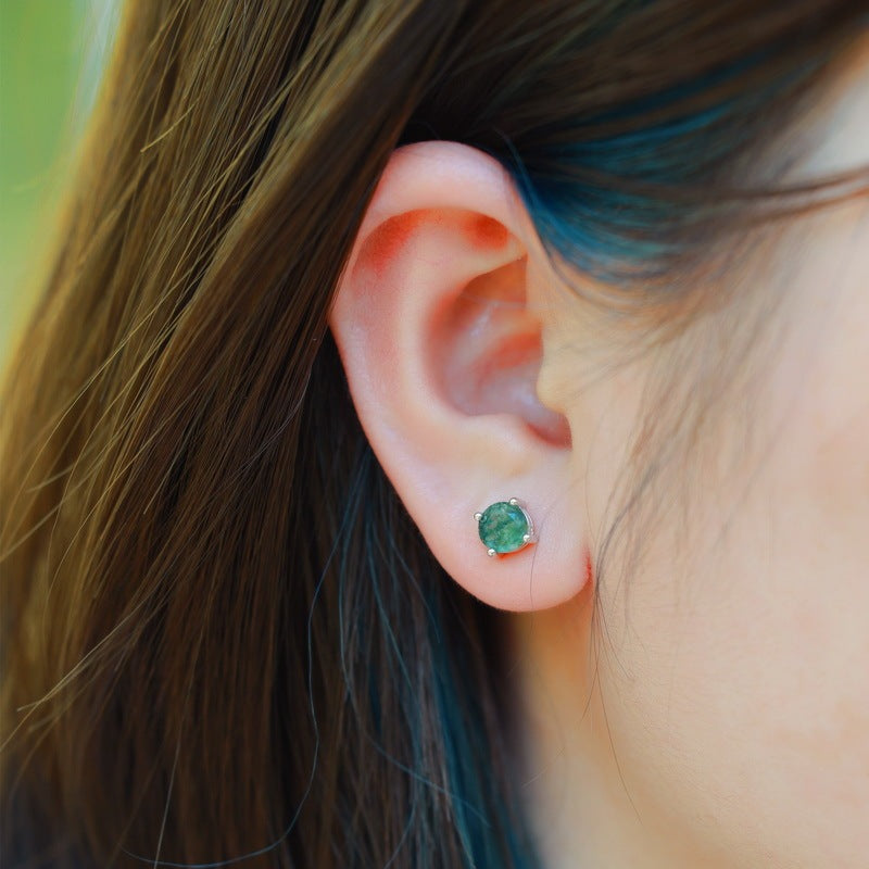 Minimalist 1 Carat Round Cut Moss Agate Stud Earrings