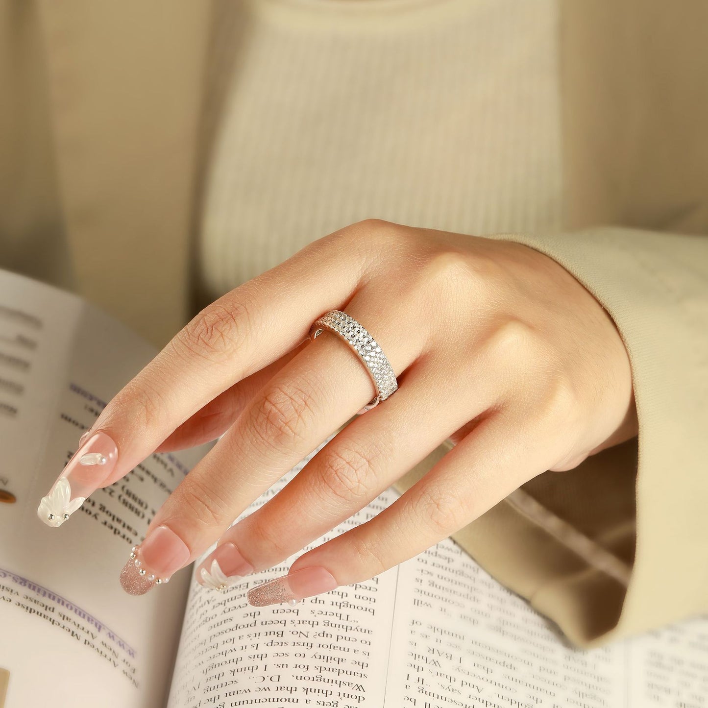 Elegant Triple Row Pave CZ Half Eternity Wedding Band Ring