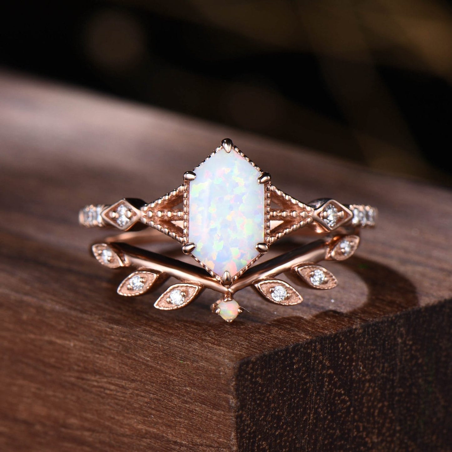 Vintage Opal Bridal Set | Hexagon Center Stone with Delicate Leaf and Moissanite Curved Band