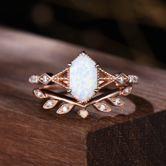Vintage Opal Bridal Set | Hexagon Center Stone with Delicate Leaf and Moissanite Curved Band