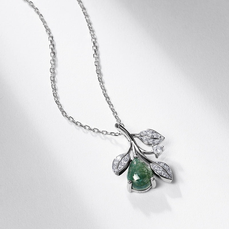 Natural Moss Agate Olive Branch Pendant Necklace