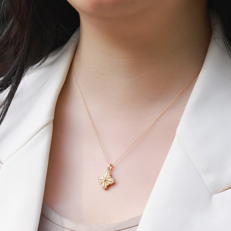 Vintage Inspired Brushed Gold Four Leaf Clover Necklace Floral Cross Pendant