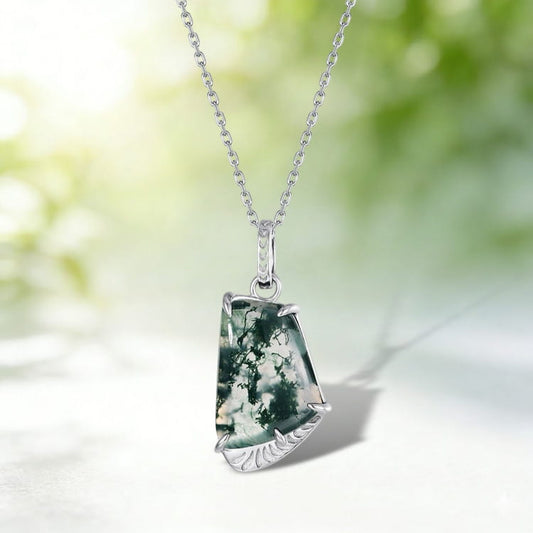 Unique Fan Shaped Moss Agate Necklace Pendant