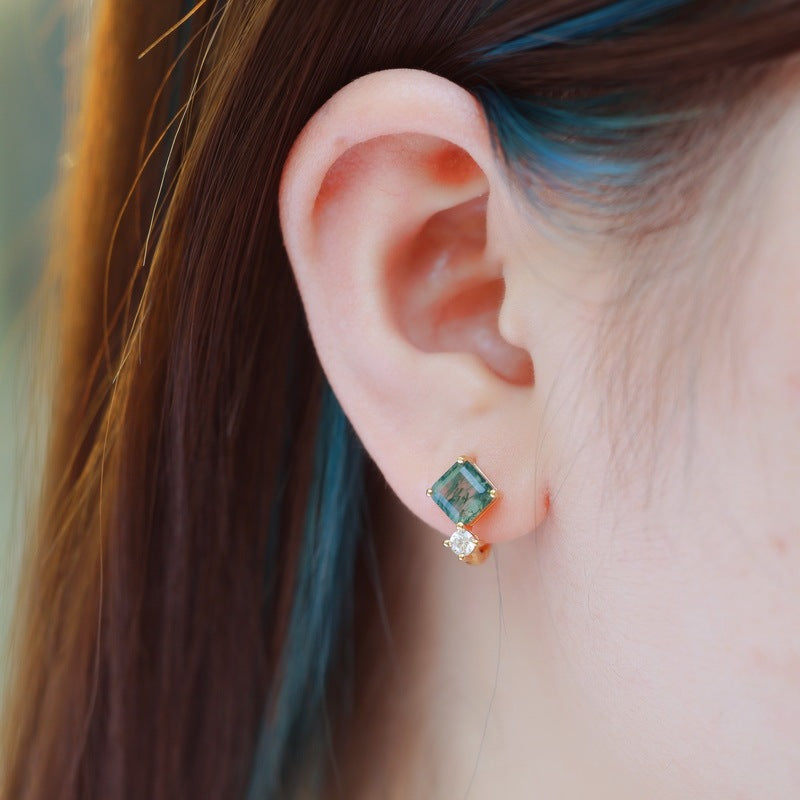 Dainty Princess Cut Moss Agate Leverback Earrings