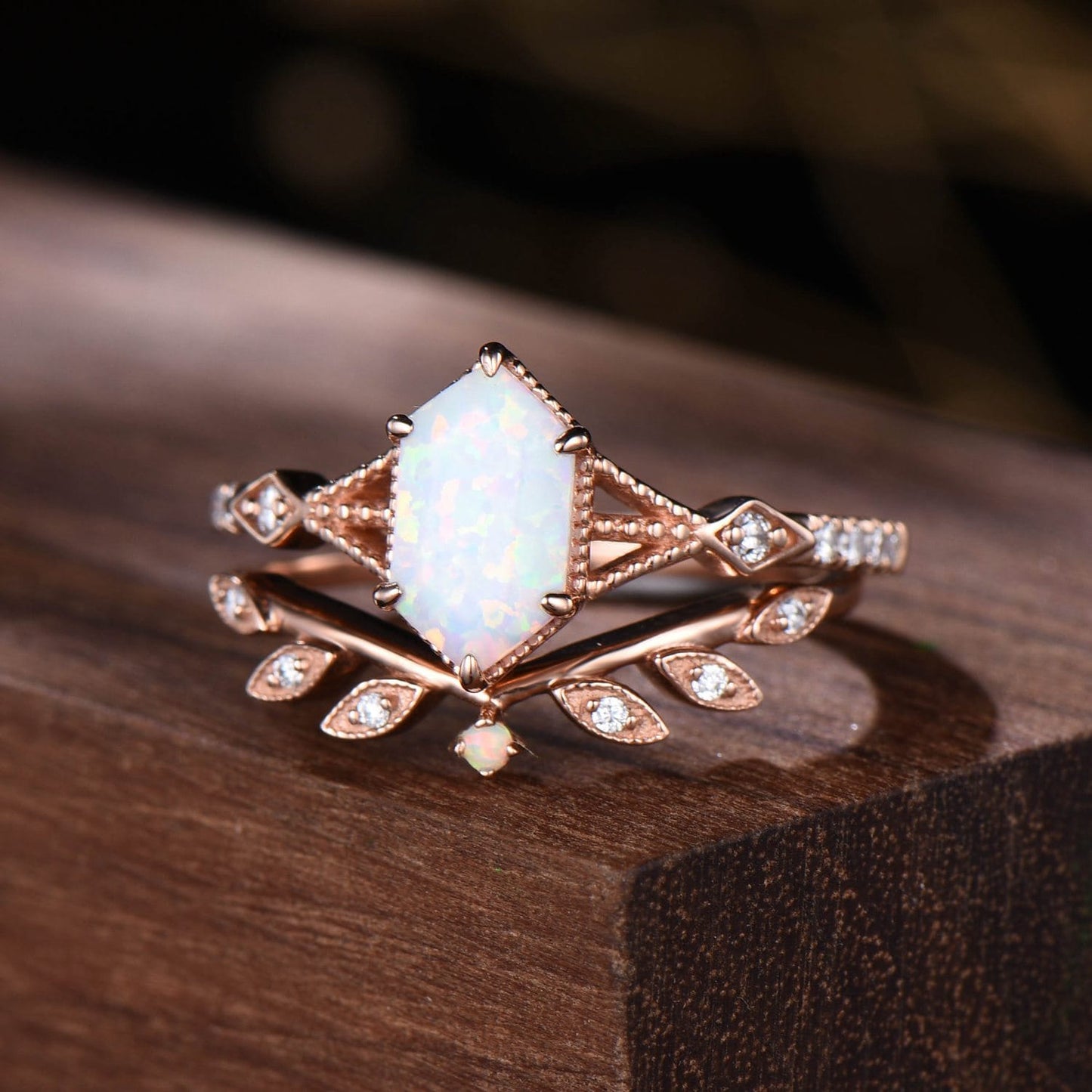 Vintage Opal Bridal Set | Hexagon Center Stone with Delicate Leaf and Moissanite Curved Band