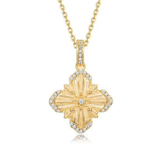 Vintage Inspired Brushed Gold Four Leaf Clover Necklace Floral Cross Pendant