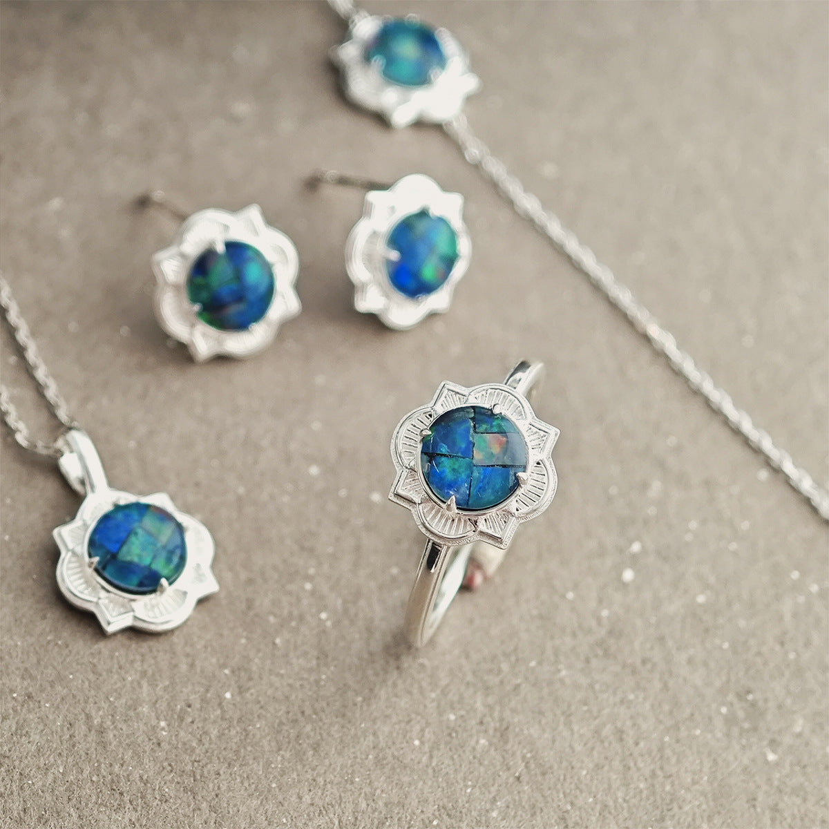 925 Sterling Silver Opal Jewelry Set, Vintage Floral Design Ring, Earrings & Necklace Set with Mosaic Opal